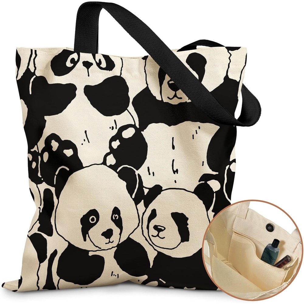 image:imageMiss Adola Aesthetic Tote Bag for Girls with Magnetic Buckle and Zipper Inner Pocket for Women Lady Canvas Cotton Tote BagFull Panda