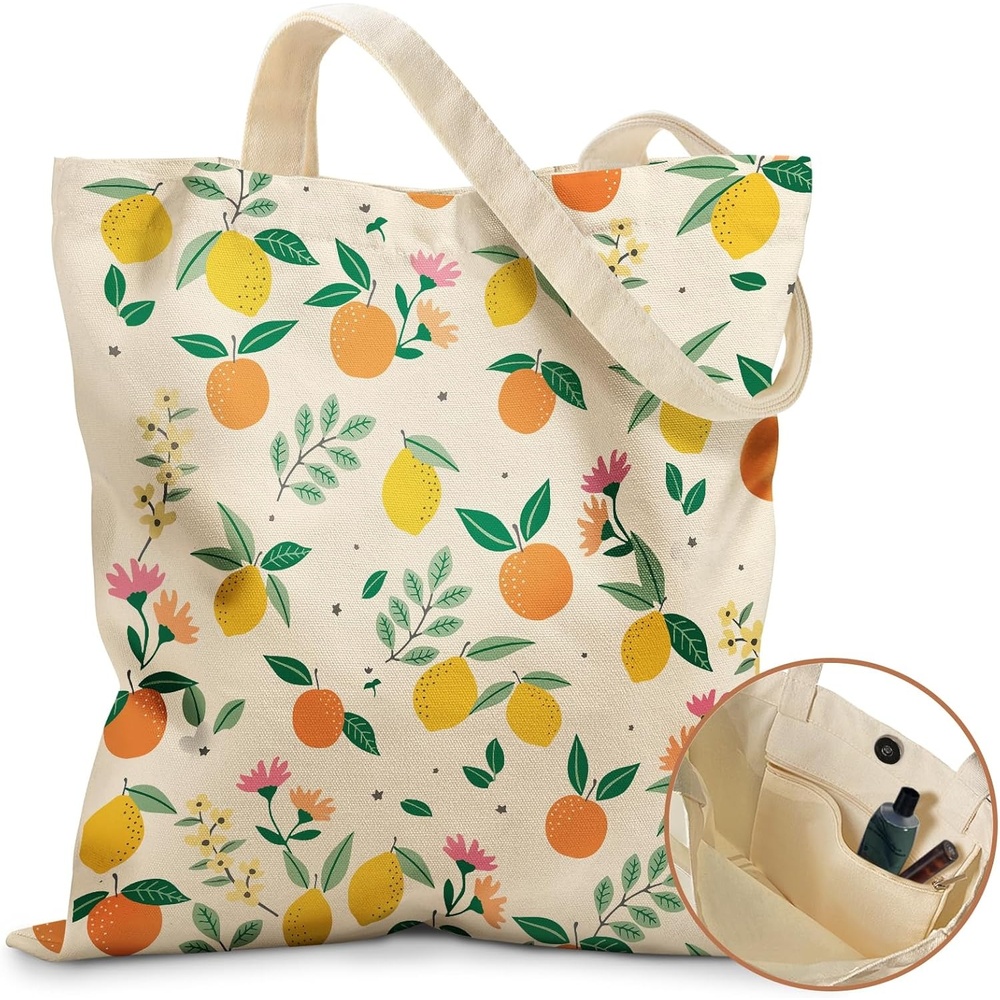 image:imageMiss Adola Aesthetic Tote Bag for Girls with Magnetic Buckle and Zipper Inner Pocket for Women Lady Canvas Cotton Tote BagLemon Orange