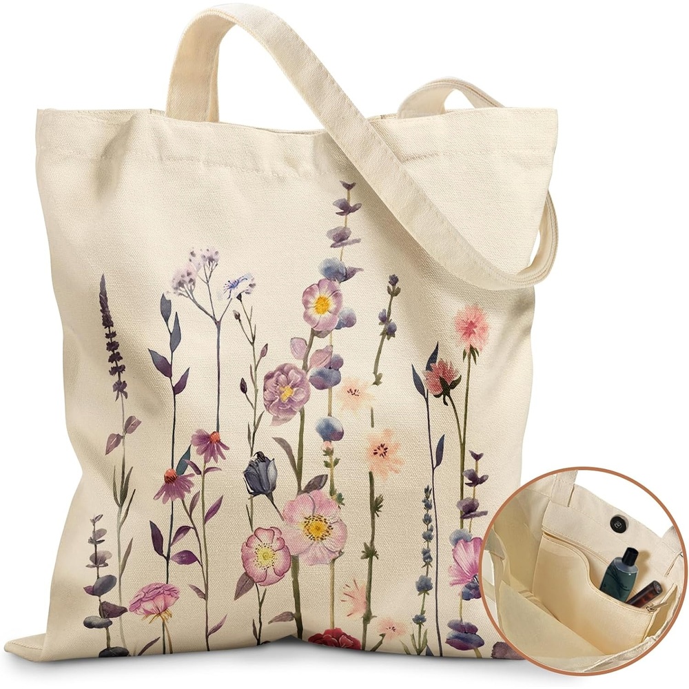 image:imageMiss Adola Aesthetic Tote Bag for Girls with Magnetic Buckle and Zipper Inner Pocket for Women Lady Canvas Cotton Tote BagPurple Flower