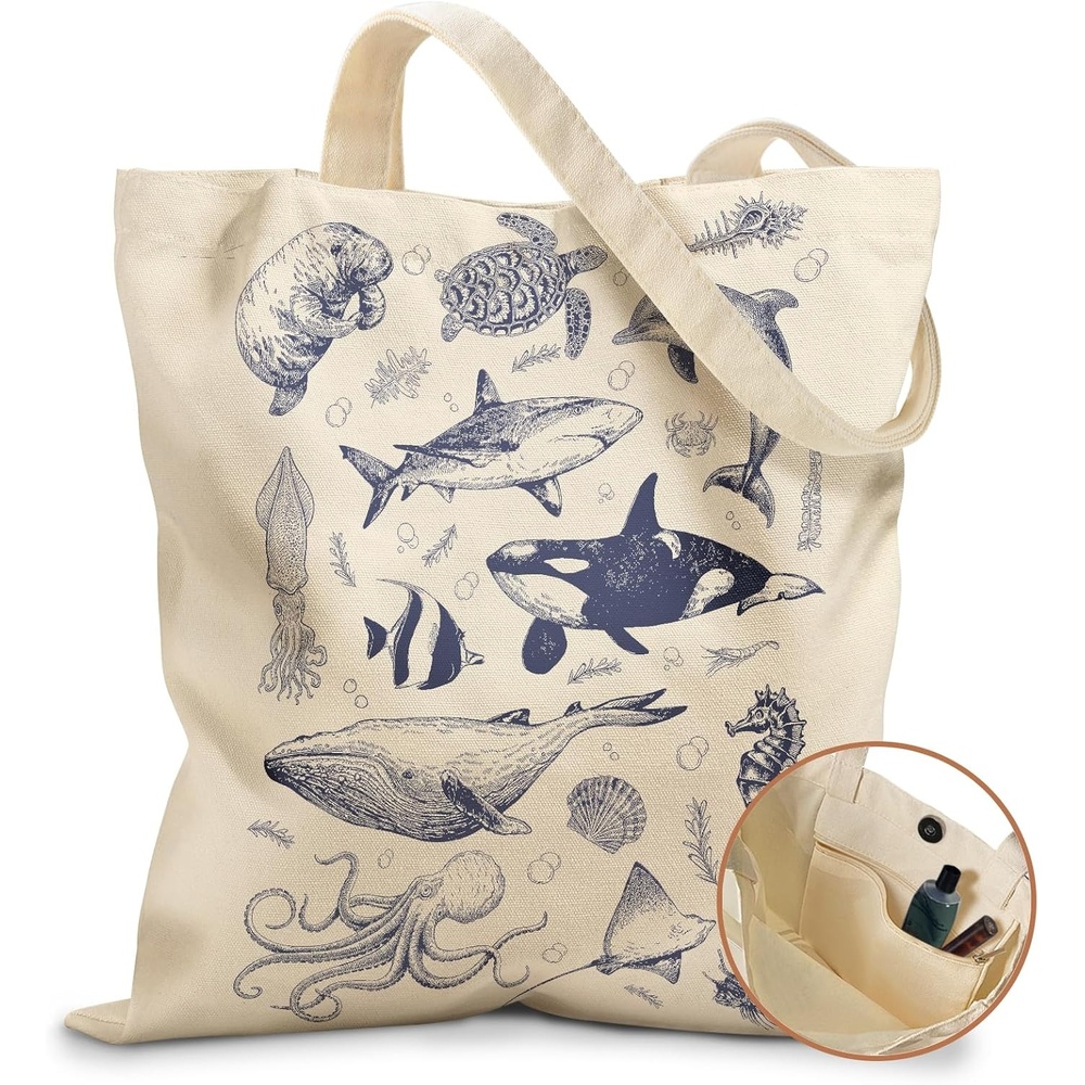 image:imageMiss Adola Aesthetic Tote Bag for Girls with Magnetic Buckle and Zipper Inner Pocket for Women Lady Canvas Cotton Tote BagSea Fish