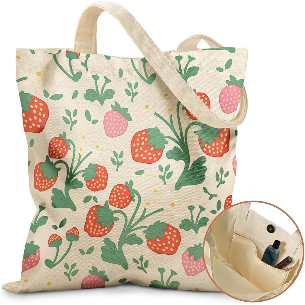 image:imageMiss Adola Aesthetic Tote Bag for Girls with Magnetic Buckle and Zipper Inner Pocket for Women Lady Canvas Cotton Tote BagStrawberries