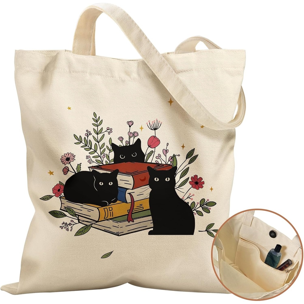 image:imageMiss Adola Aesthetic Tote Bag for Women with Magnetic Buckle and Zipper Inner Pocket Cloth Cotton Canvas Tote BagsCat Book
