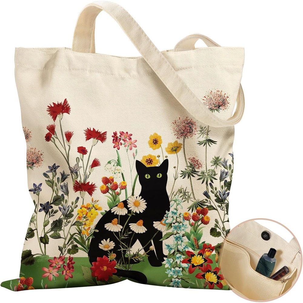 image:imageMiss Adola Aesthetic Tote Bag for Women with Magnetic Buckle and Zipper Inner Pocket Cloth Cotton Canvas Tote BagsCat Flower