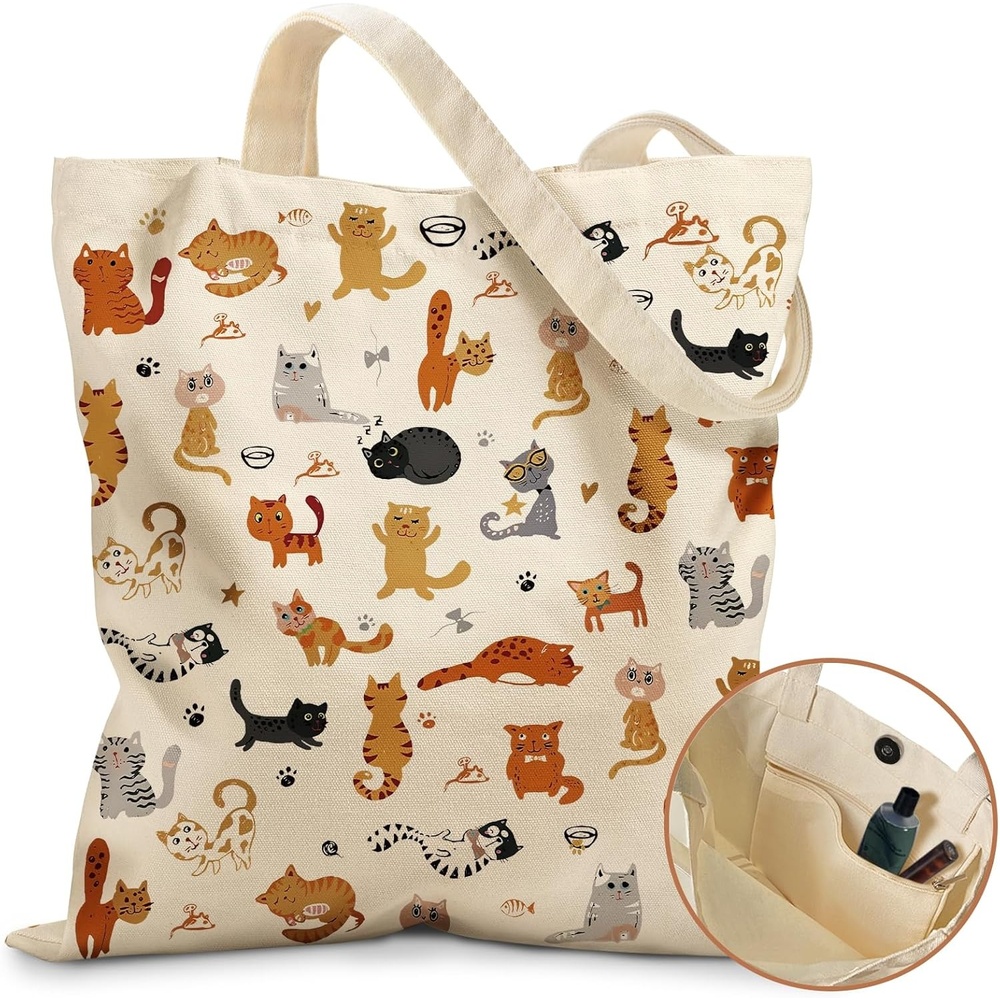 image:imageMiss Adola Aesthetic Tote Bag for Women with Magnetic Buckle and Zipper Inner Pocket Cloth Cotton Canvas Tote BagsCats