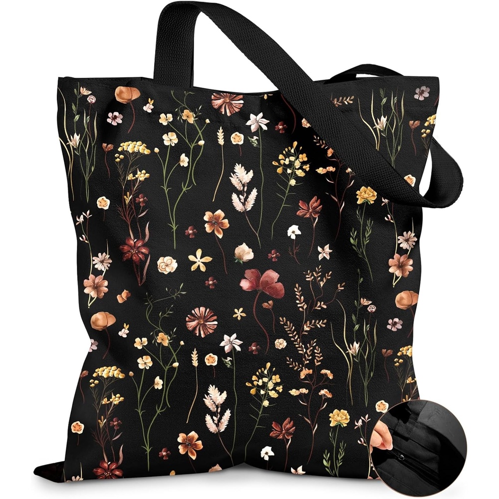 image:imageMiss Adola Canvas Tote Bag for Women Aesthetic Canvas Bag with Zipper Cute Stylish Reusable Shoulder Totes for Shopping Work Daily Vacation Cat ReadBlack Grow Flower