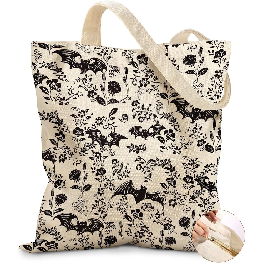image:imageMiss Adola Canvas Tote Bag for Women Aesthetic Canvas Bag with Zipper Cute Stylish Reusable Shoulder Totes for Shopping Work Daily Vacation Cat ReadBianfu Flower