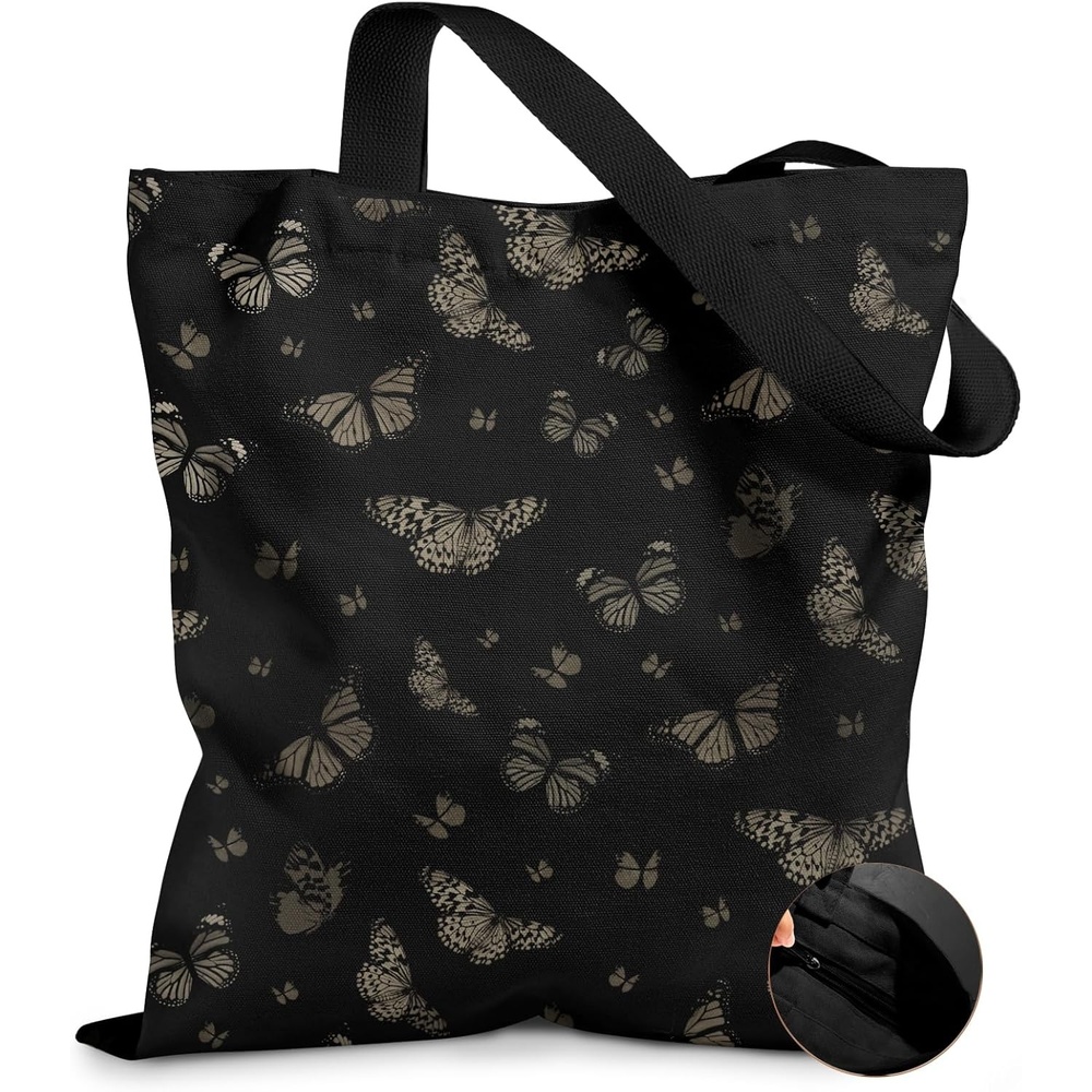image:imageMiss Adola Canvas Tote Bag for Women Aesthetic Canvas Bag with Zipper Cute Stylish Reusable Shoulder Totes for Shopping Work Daily Vacation Cat ReadBlack Butterfly