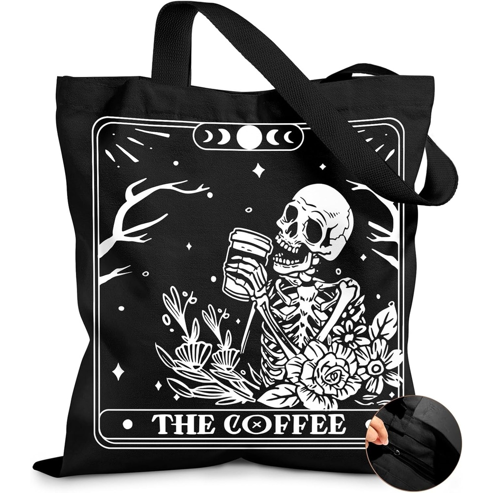 image:imageMiss Adola Canvas Tote Bag for Women Aesthetic Canvas Bag with Zipper Cute Stylish Reusable Shoulder Totes for Shopping Work Daily Vacation Cat ReadCoffee Skull