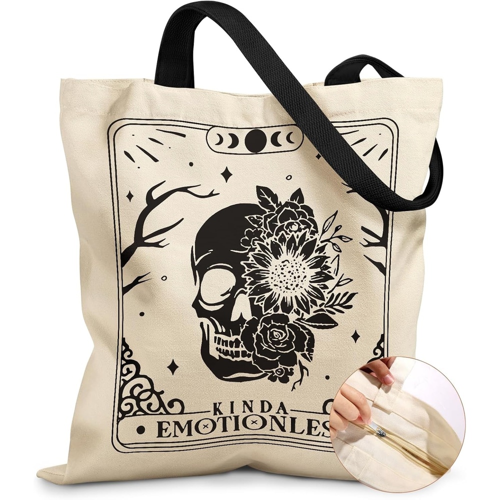 image:imageMiss Adola Canvas Tote Bag for Women Aesthetic Canvas Bag with Zipper Cute Stylish Reusable Shoulder Totes for Shopping Work Daily Vacation Cat ReadSkull Flower