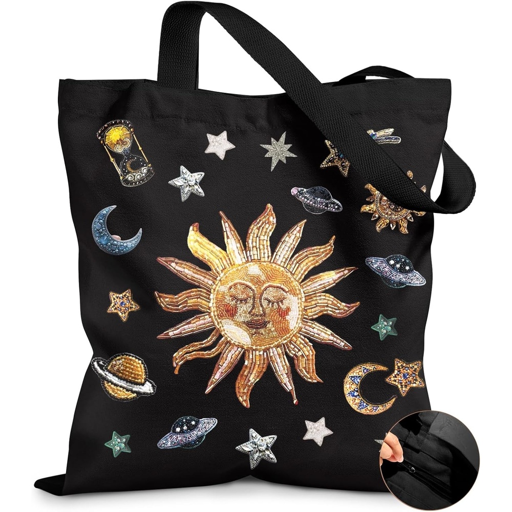 image:imageMiss Adola Canvas Tote Bag for Women Aesthetic Canvas Bag with Zipper Cute Stylish Reusable Shoulder Totes for Shopping Work Daily Vacation Cat ReadSun Planets