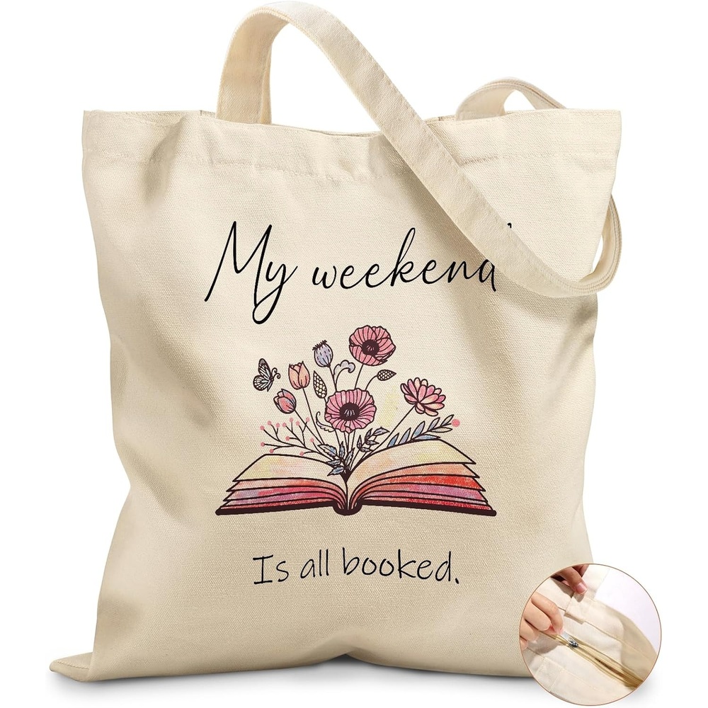 image:imageMiss Adola Canvas Tote Bag for Women Aesthetic Canvas Bag with Zipper Cute Stylish Reusable Shoulder Totes for Shopping Work Daily Vacation Cat ReadWeekend Book