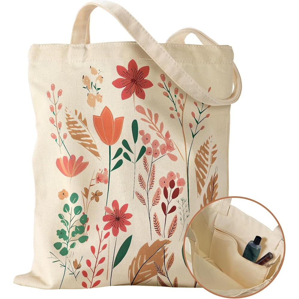 image:imageMiss Adola Canvas Tote Bag with Pocket Aesthetic Cute Canvas Bag for Women Shoulder Totes for Shopping Work GymBotanical Floral