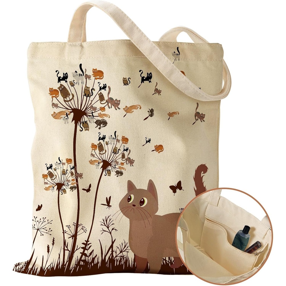 image:imageMiss Adola Canvas Tote Bag with Pocket Aesthetic Cute Canvas Bag for Women Shoulder Totes for Shopping Work GymCats Dandelion