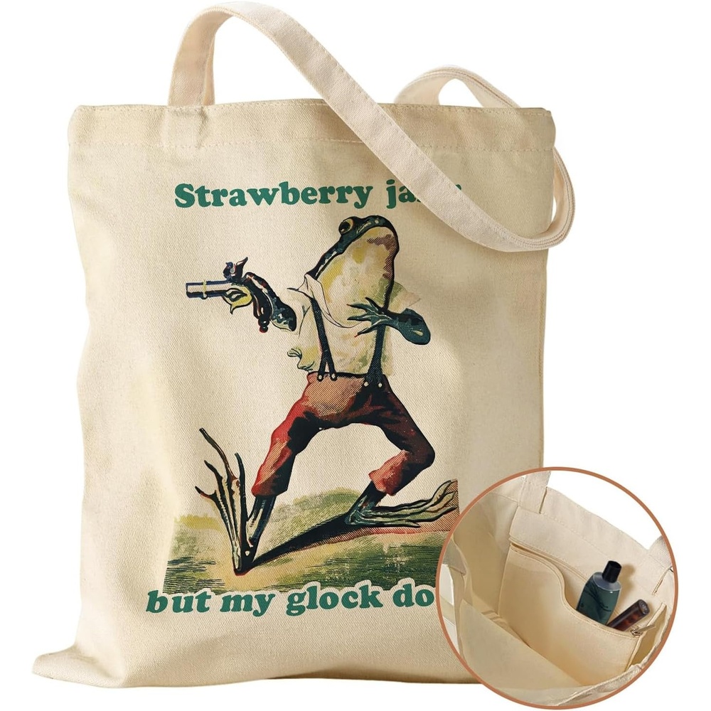 image:imageMiss Adola Canvas Tote Bag with Pocket Aesthetic Cute Canvas Bag for Women Shoulder Totes for Shopping Work GymJams Frog