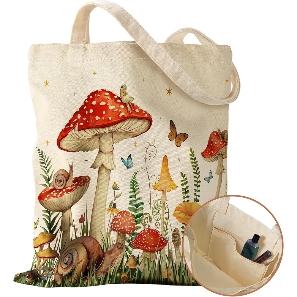 image:imageMiss Adola Canvas Tote Bag with Pocket Aesthetic Cute Canvas Bag for Women Shoulder Totes for Shopping Work GymMushroom Forest