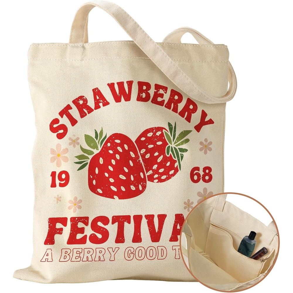 image:imageMiss Adola Canvas Tote Bag with Pocket Aesthetic Cute Canvas Bag for Women Shoulder Totes for Shopping Work GymStrawberry