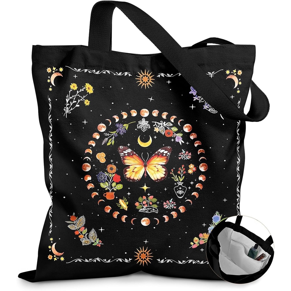 image:imageMiss Adola Canvas Tote Bag with Pockets Aesthetic Reusable Totes for Women Ladies Cute Printed Cloths Canvas Shoulder BagBlack Butterfly Moon