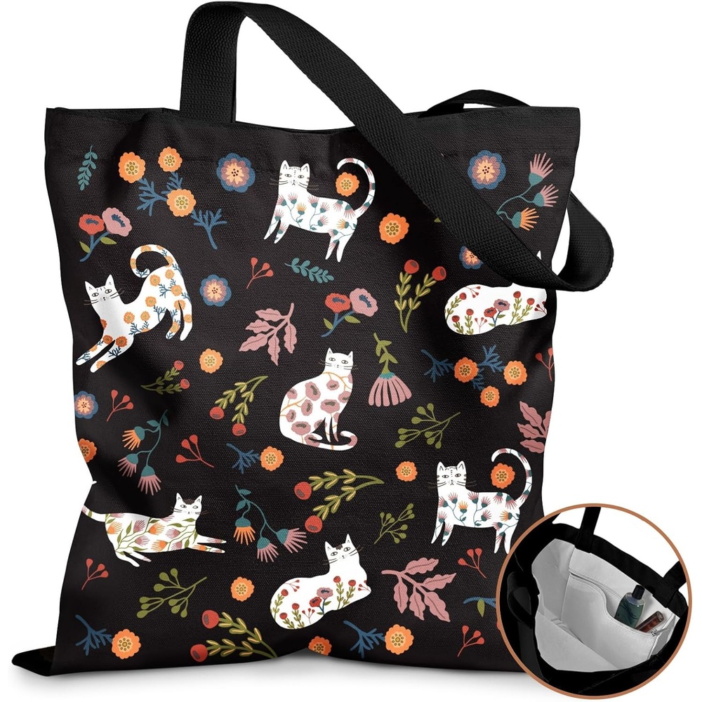 image:imageMiss Adola Canvas Tote Bag with Pockets Aesthetic Reusable Totes for Women Ladies Cute Printed Cloths Canvas Shoulder BagBlack Flower Cats