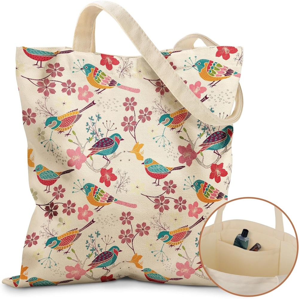 image:imageMiss Adola Canvas Tote Bag with Pockets Aesthetic Reusable Totes for Women Ladies Cute Printed Cloths Canvas Shoulder BagFloral Bird