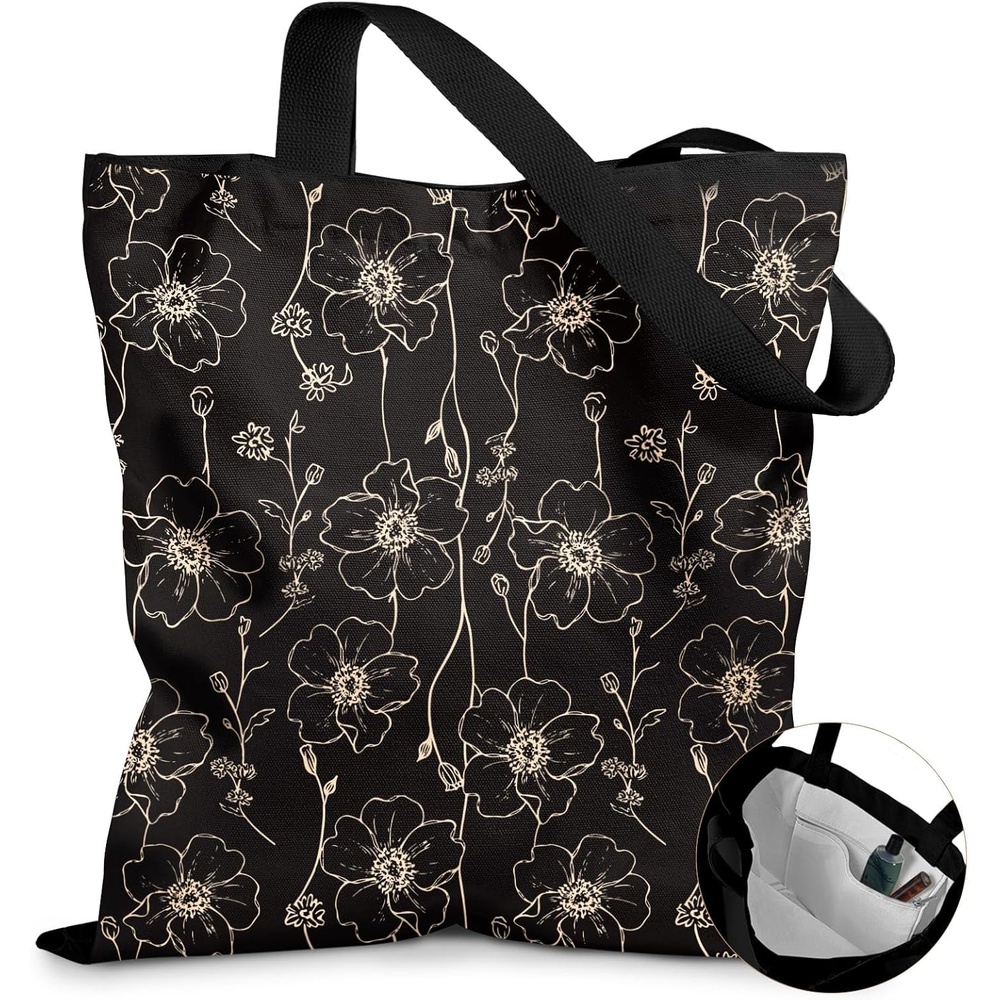 image:imageMiss Adola Canvas Tote Bag with Pockets Aesthetic Reusable Totes for Women Ladies Cute Printed Cloths Canvas Shoulder BagGold Flowers