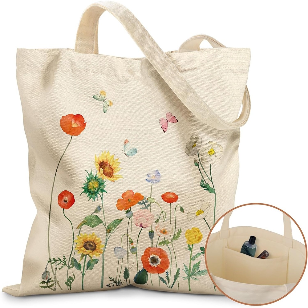 image:imageMiss Adola Canvas Tote Bag with Pockets Aesthetic Reusable Totes for Women Ladies Cute Printed Cloths Canvas Shoulder BagSpring Floral