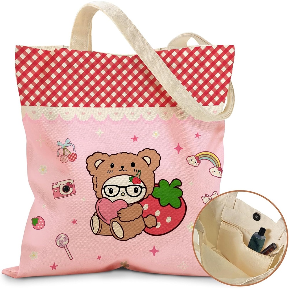 image:imageMiss Adola Cute Canvas Tote Bag for Women with Magnetic Buckle and Zipper Inner Pocket for Girls Aesthetic Cotton Tote BagsBear Jacket