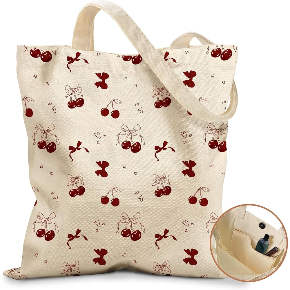 image:imageMiss Adola Cute Canvas Tote Bag for Women with Magnetic Buckle and Zipper Inner Pocket for Girls Aesthetic Cotton Tote BagsBownot Cherry