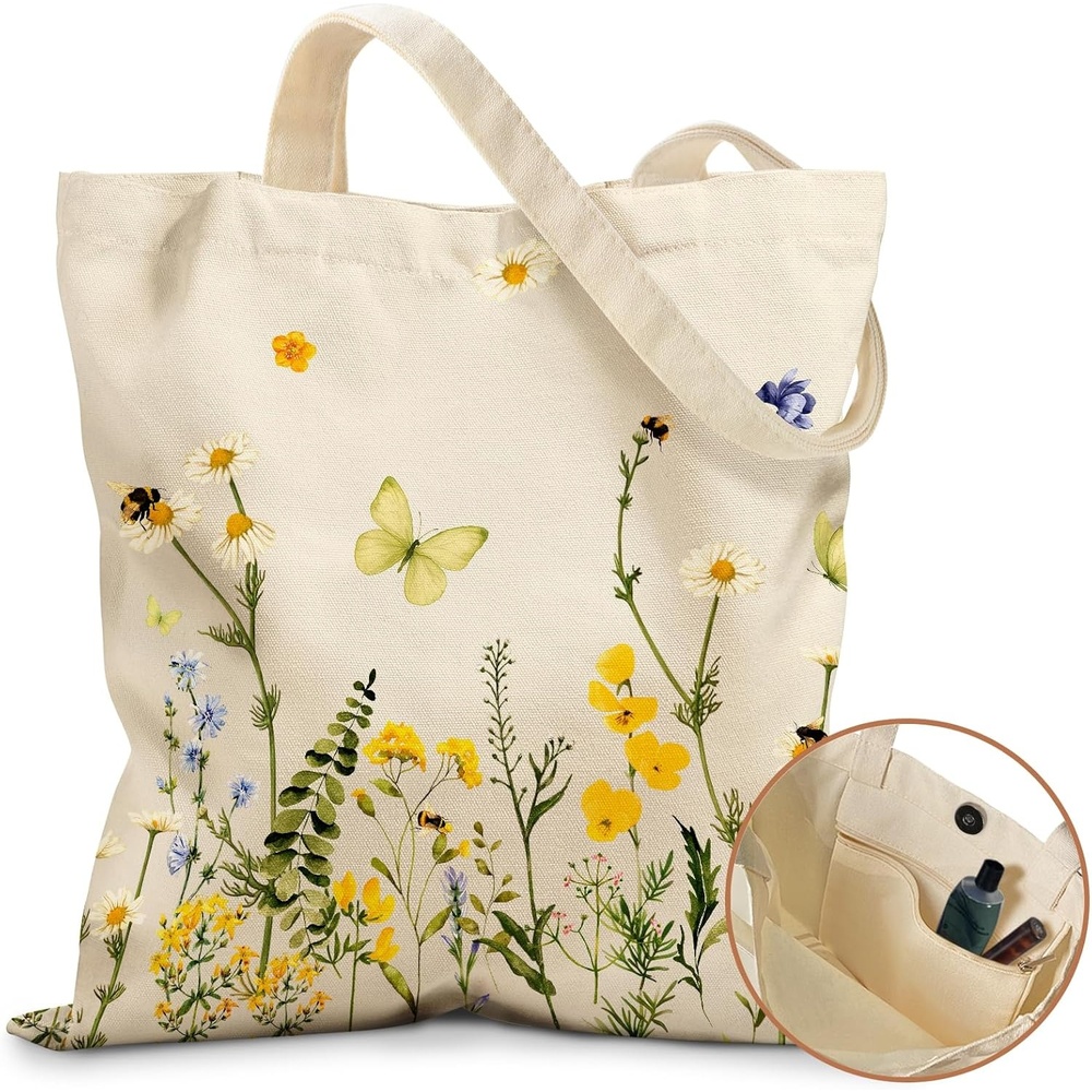 image:imageMiss Adola Cute Canvas Tote Bag for Women with Magnetic Buckle and Zipper Inner Pocket for Girls Aesthetic Cotton Tote BagsButterfly Yellow Flower
