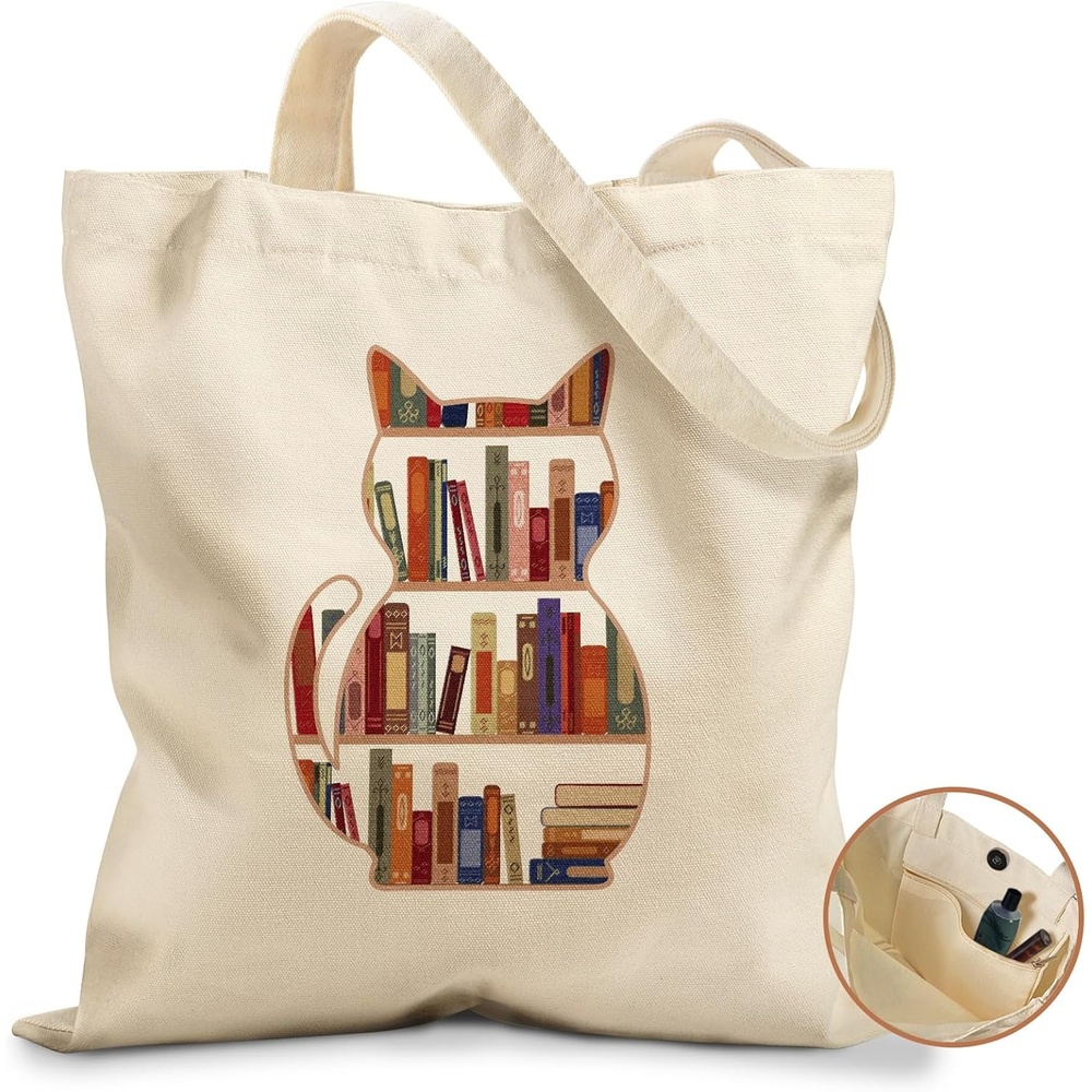 image:imageMiss Adola Cute Canvas Tote Bag for Women with Magnetic Buckle and Zipper Inner Pocket for Girls Aesthetic Cotton Tote BagsCat Bookshelf