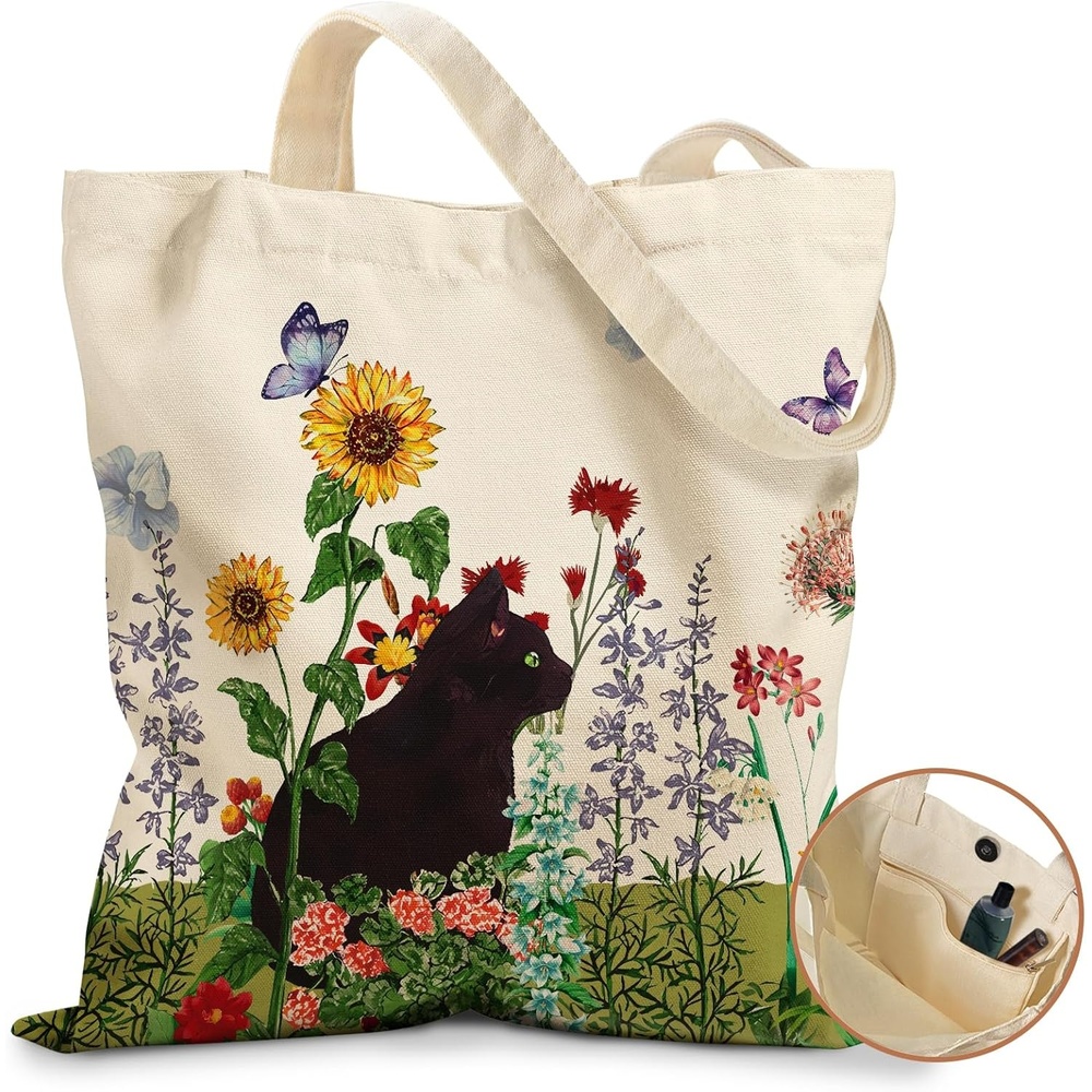image:imageMiss Adola Cute Canvas Tote Bag for Women with Magnetic Buckle and Zipper Inner Pocket for Girls Aesthetic Cotton Tote BagsCat Flower