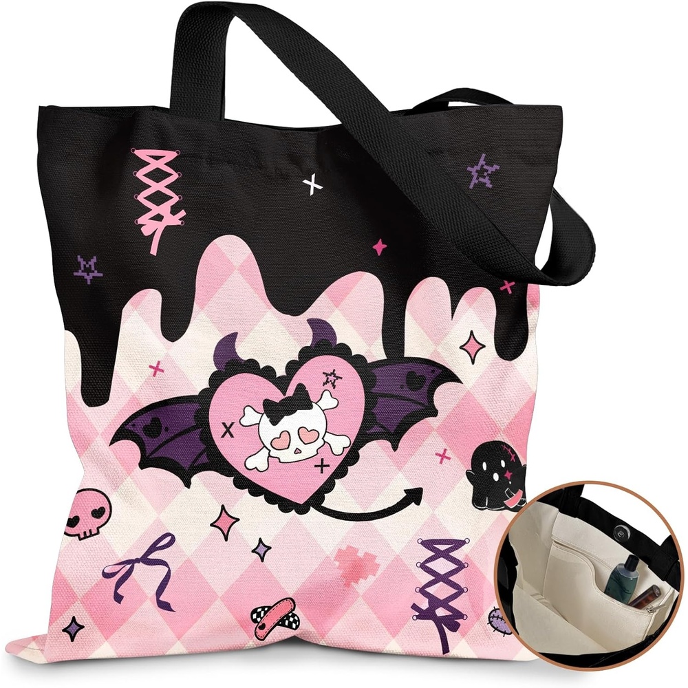 image:imageMiss Adola Cute Canvas Tote Bag for Women with Magnetic Buckle and Zipper Inner Pocket for Girls Aesthetic Cotton Tote BagsHeart Skull