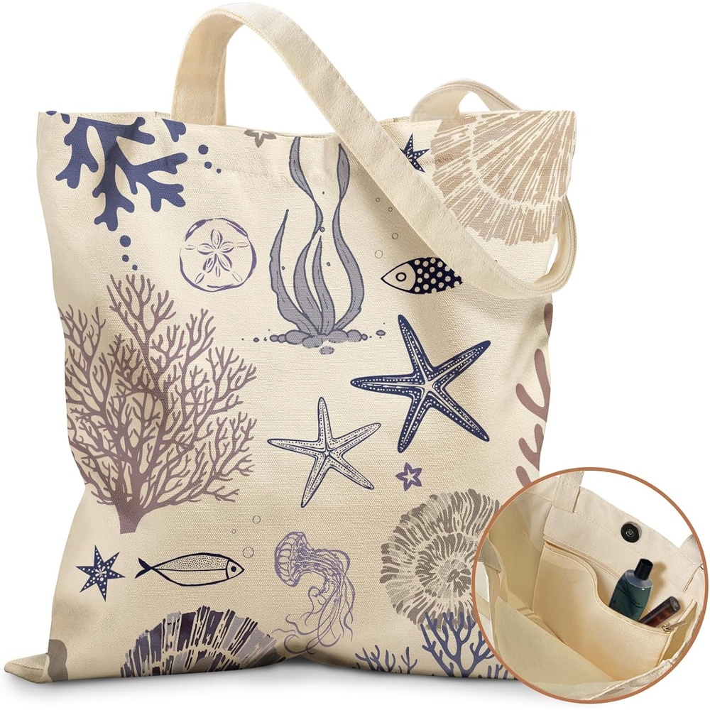 image:imageMiss Adola Cute Canvas Tote Bag for Women with Magnetic Buckle and Zipper Inner Pocket for Girls Aesthetic Cotton Tote BagsOcean Plant