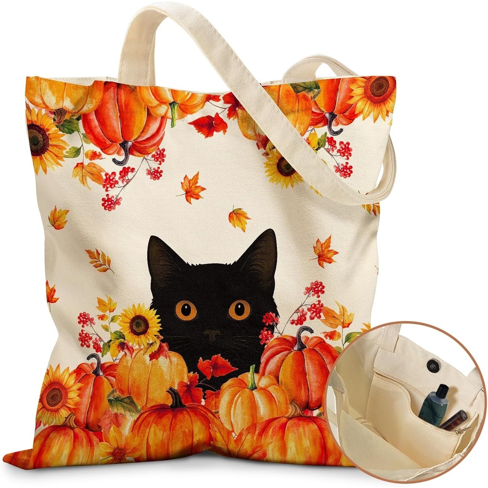 image:imageMiss Adola Cute Canvas Tote Bag for Women with Magnetic Buckle and Zipper Inner Pocket for Girls Aesthetic Cotton Tote BagsPumpkin Cat