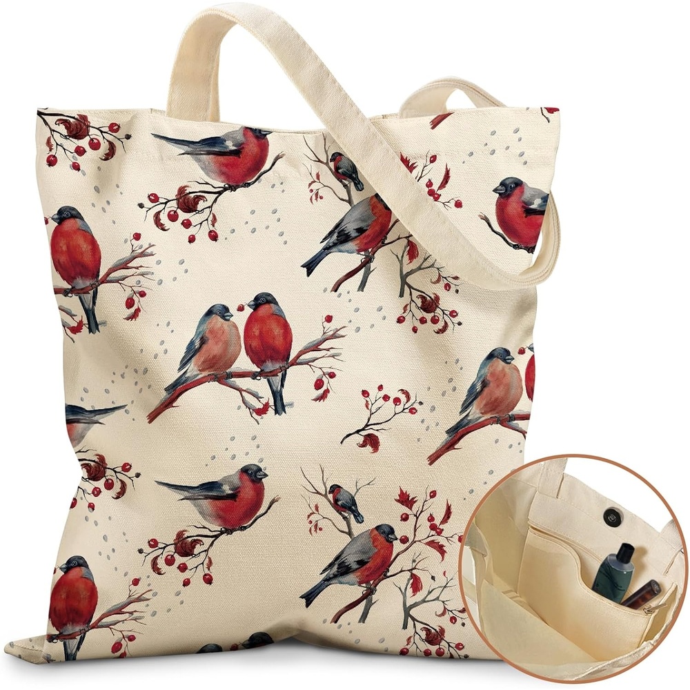 image:imageMiss Adola Cute Canvas Tote Bag for Women with Magnetic Buckle and Zipper Inner Pocket for Girls Aesthetic Cotton Tote BagsRed Bird