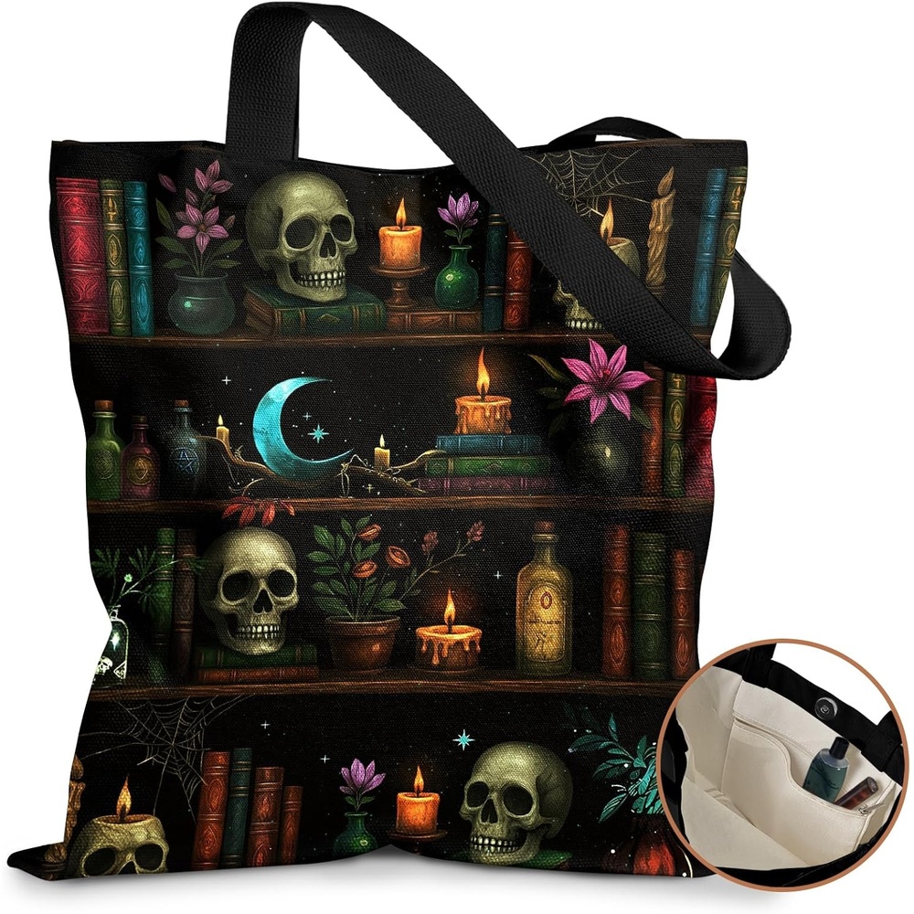 image:imageMiss Adola Cute Canvas Tote Bag for Women with Magnetic Buckle and Zipper Inner Pocket for Girls Aesthetic Cotton Tote BagsSkull Bookshelf