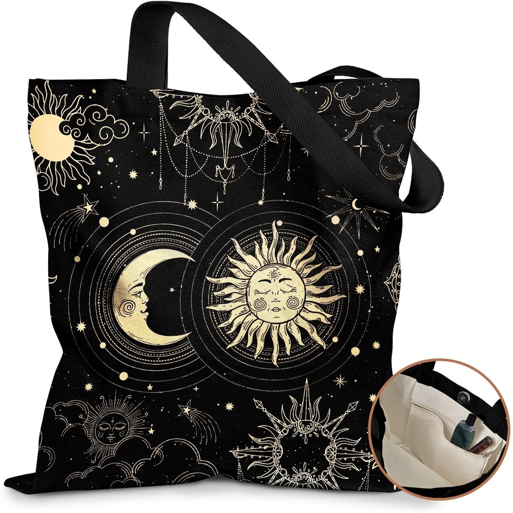 image:imageMiss Adola Cute Canvas Tote Bag for Women with Magnetic Buckle and Zipper Inner Pocket for Girls Aesthetic Cotton Tote BagsStar Moon