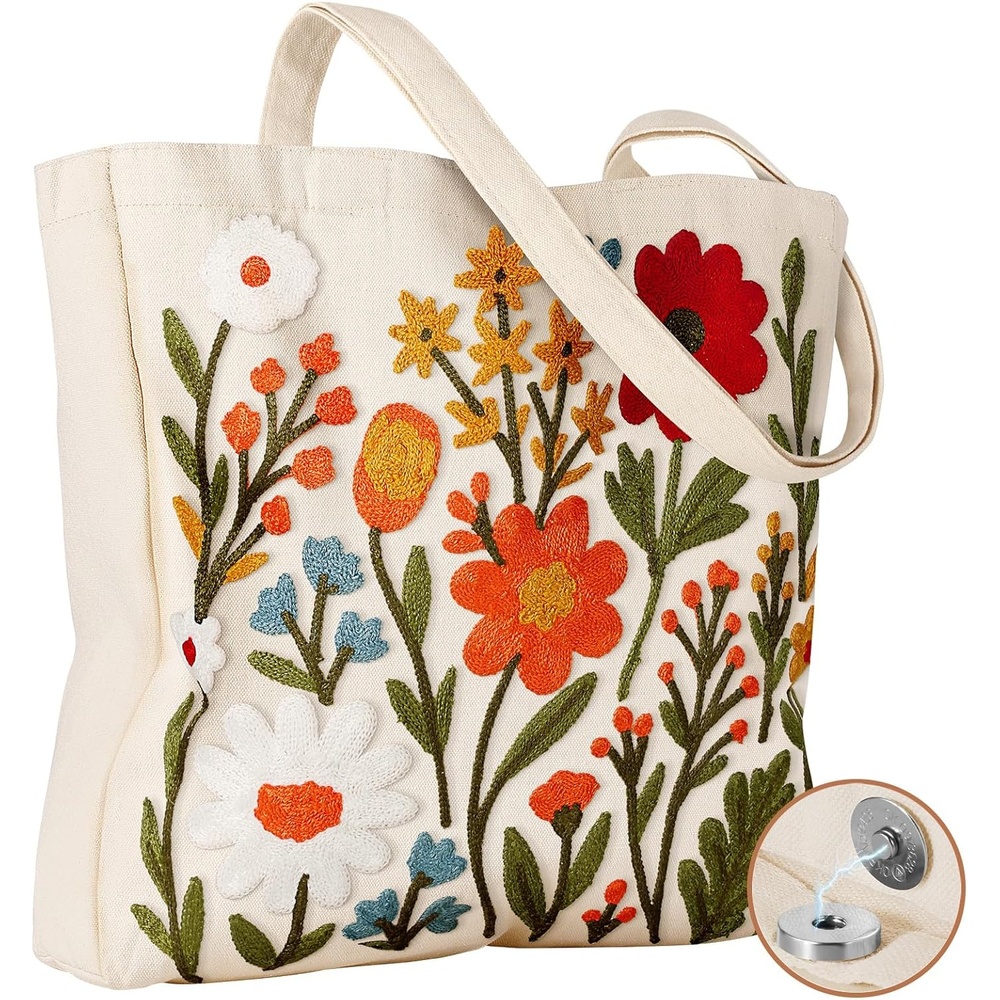 image:imageMiss Adola Embroidery Canvas Tote Bag for Women Reusable Tote with Buckle Aesthetic Cute Shoulder Bag for Shopping GroceryFlower Cluster