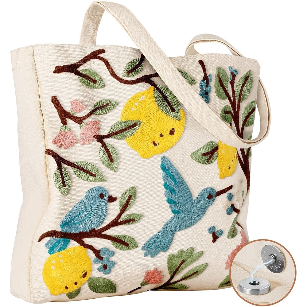 image:imageMiss Adola Embroidery Canvas Tote Bag for Women Reusable Tote with Buckle Aesthetic Cute Shoulder Bag for Shopping GroceryLemon Bird