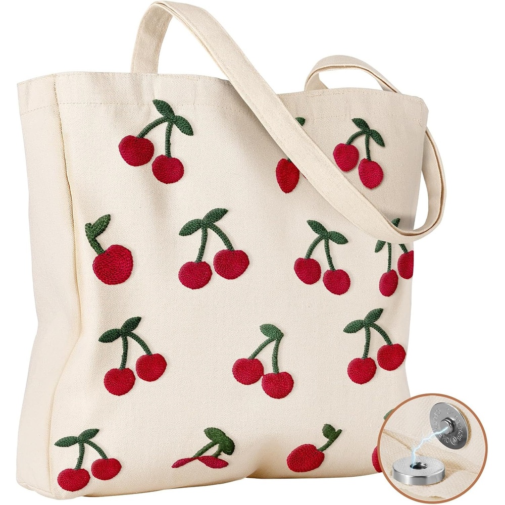 image:imageMiss Adola Embroidery Canvas Tote Bag for Women Reusable Tote with Buckle Aesthetic Cute Shoulder Bag for Shopping GroceryLittle Cherry