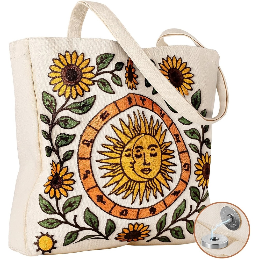 image:imageMiss Adola Embroidery Canvas Tote Bag for Women Reusable Tote with Buckle Aesthetic Cute Shoulder Bag for Shopping GroceryMoon Sunflower