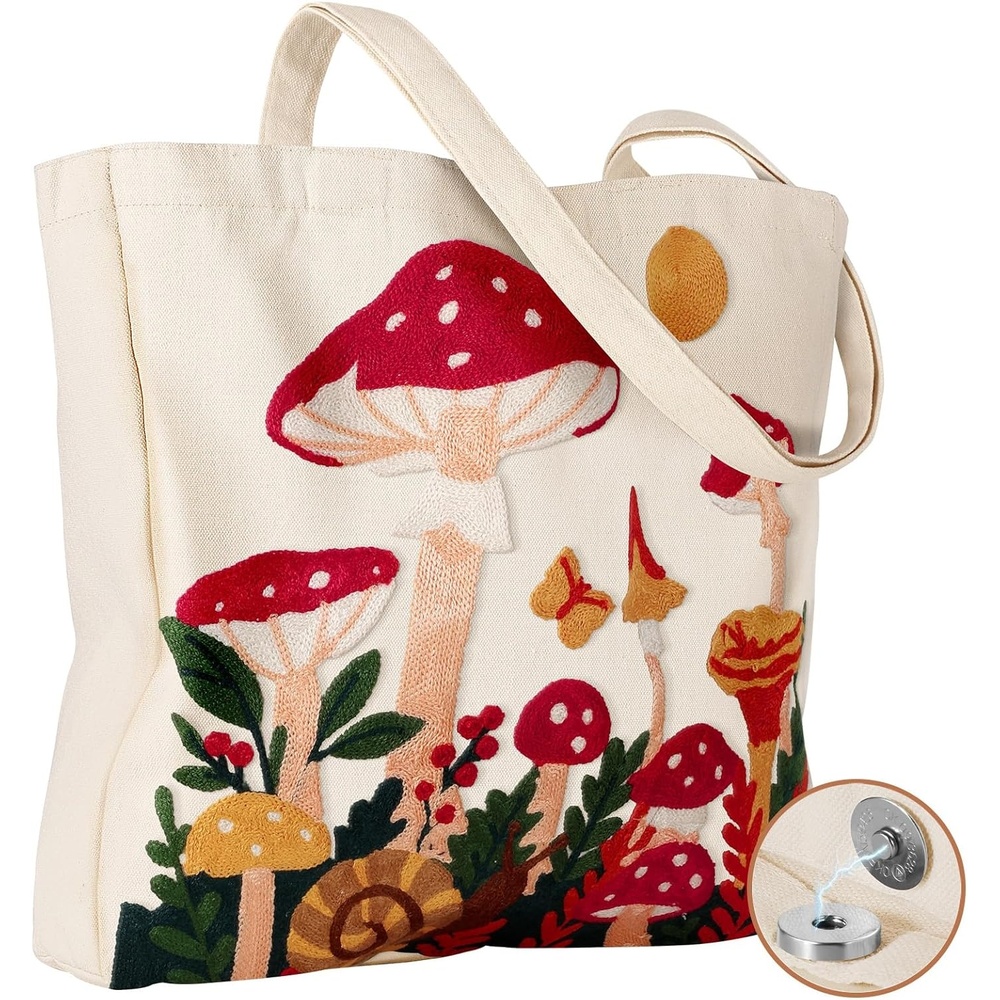image:imageMiss Adola Embroidery Canvas Tote Bag for Women Reusable Tote with Buckle Aesthetic Cute Shoulder Bag for Shopping GroceryMushroom Moon