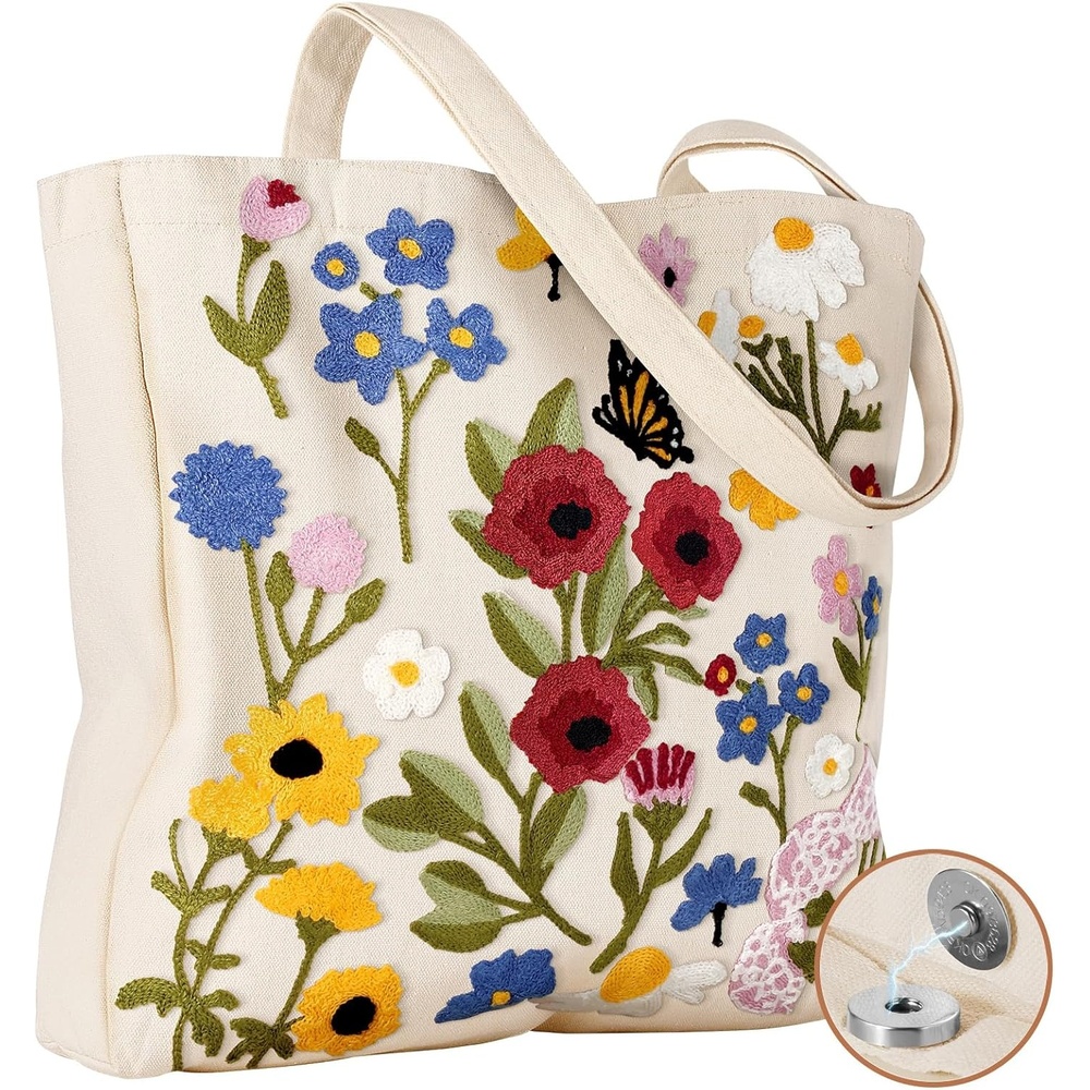 image:imageMiss Adola Embroidery Canvas Tote Bag for Women Reusable Tote with Buckle Aesthetic Cute Shoulder Bag for Shopping GroceryRetro Flowers