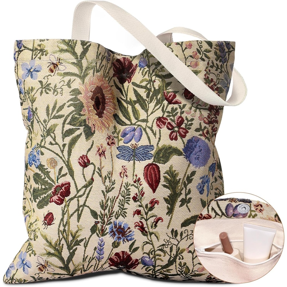 image:imageMiss Adola Embroidery Tote Bag for Women Aesthetic Canvas Bag with Pocket Reusable ToteBag for Work ShoppingFloral