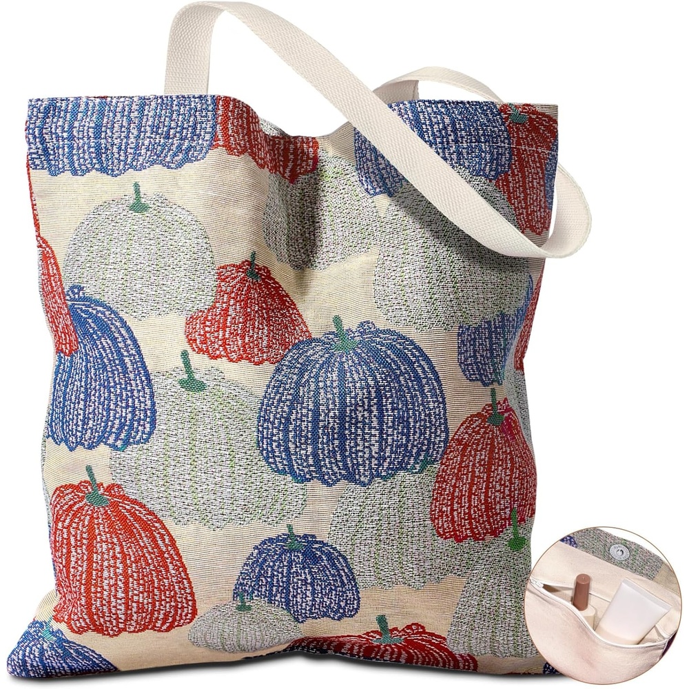 image:imageMiss Adola Embroidery Tote Bag for Women Aesthetic Canvas Bag with Pocket Reusable ToteBag for Work ShoppingPumpkin