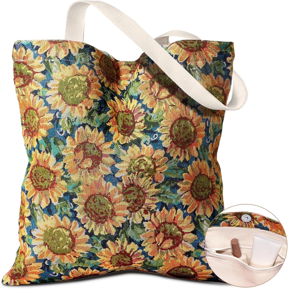 image:imageMiss Adola Embroidery Tote Bag for Women Aesthetic Canvas Bag with Pocket Reusable ToteBag for Work ShoppingSunflower