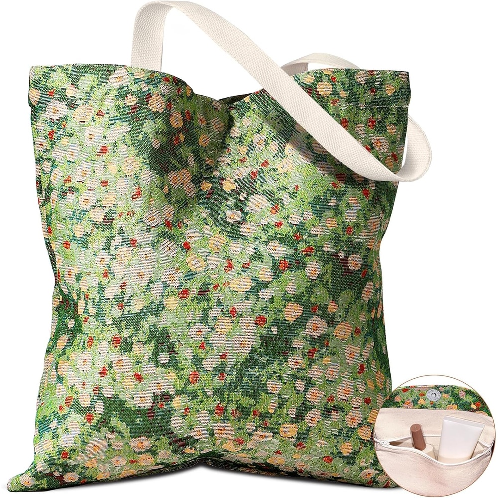 image:imageMiss Adola Embroidery Tote Bag for Women Aesthetic Canvas Bag with Pocket Reusable ToteBag for Work ShoppingWildflower