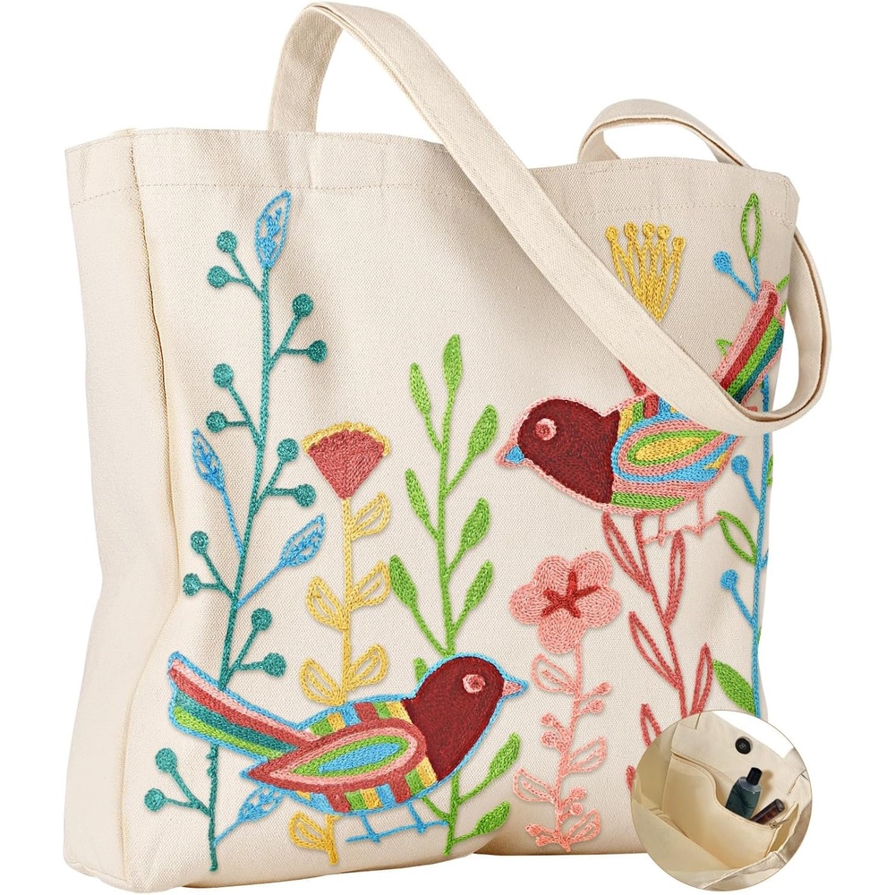 image:imageMiss Adola Embroidery Tote Bag with Pocket amp Buckle Reusable Canvas Tote for Women Cute Aesthetic Work Shopping Grocery BagBird