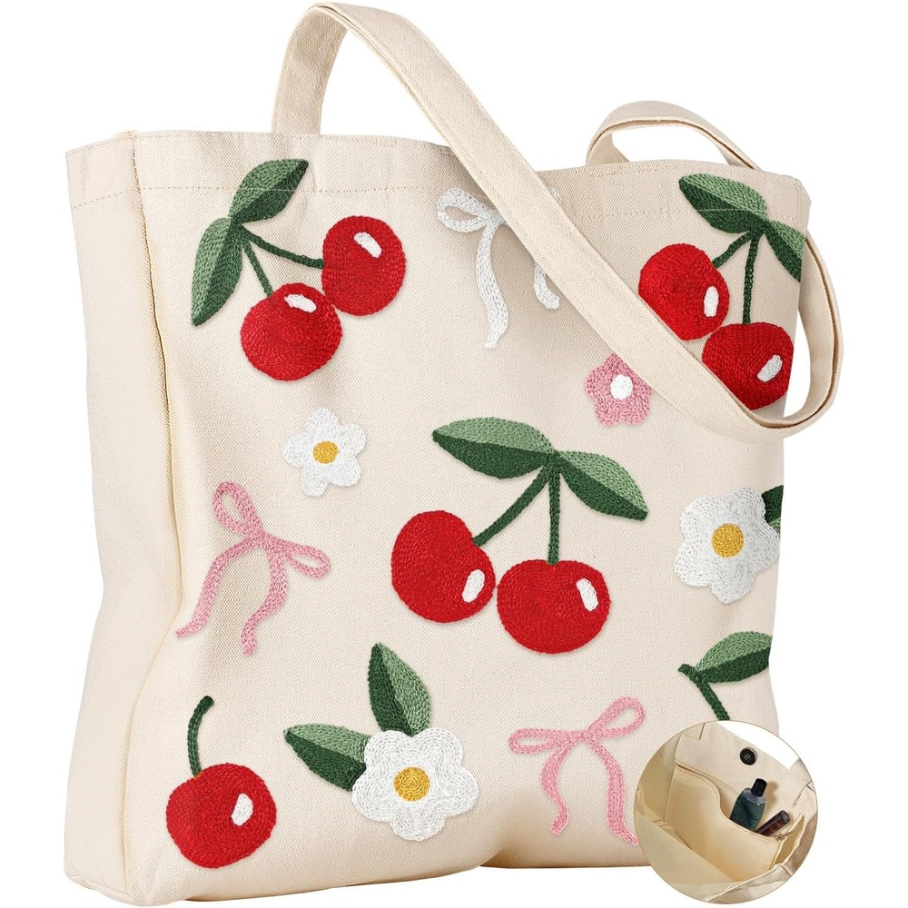 image:imageMiss Adola Embroidery Tote Bag with Pocket amp Buckle Reusable Canvas Tote for Women Cute Aesthetic Work Shopping Grocery BagCherry