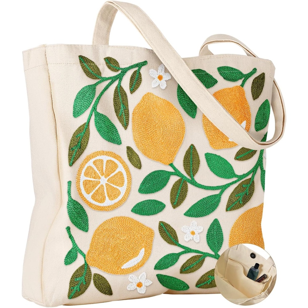 image:imageMiss Adola Embroidery Tote Bag with Pocket amp Buckle Reusable Canvas Tote for Women Cute Aesthetic Work Shopping Grocery BagLemon