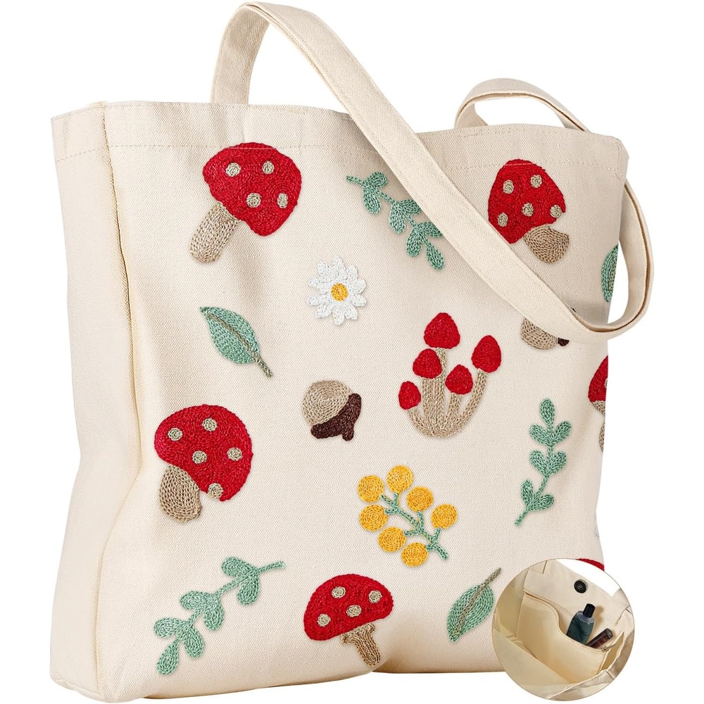 image:imageMiss Adola Embroidery Tote Bag with Pocket amp Buckle Reusable Canvas Tote for Women Cute Aesthetic Work Shopping Grocery BagShiitake